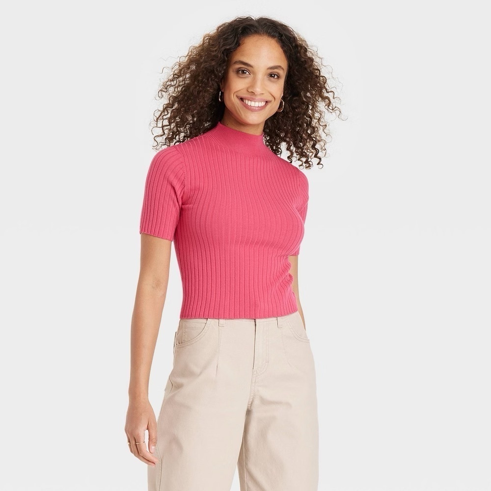 a new day Pink Ribbed Short Sleeve Top